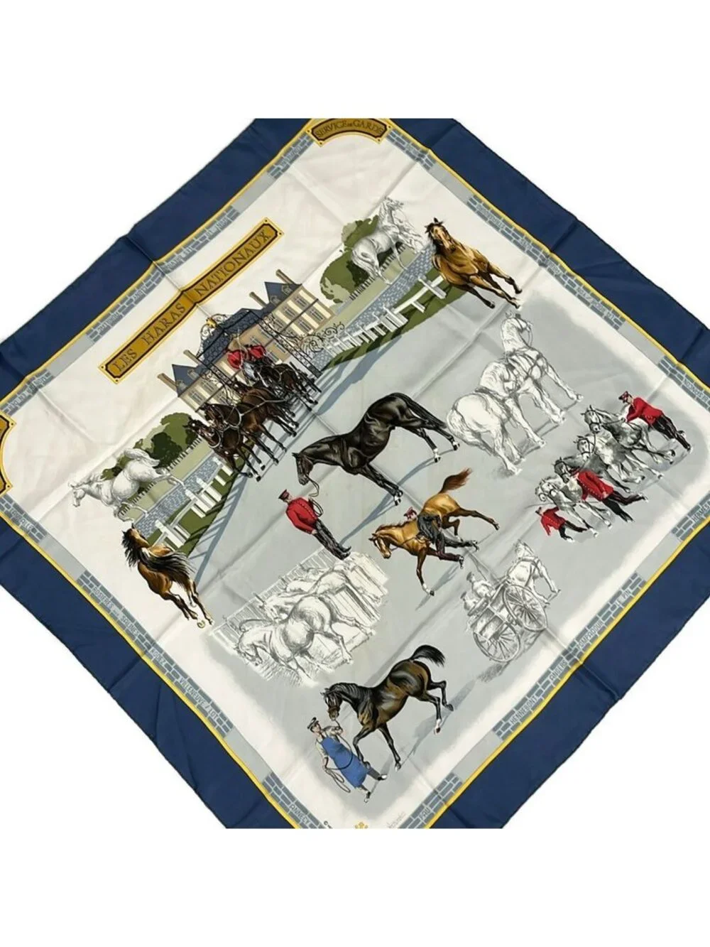 Hermes Scarf Carre 90 White Blue Multi les Haras Nationaux